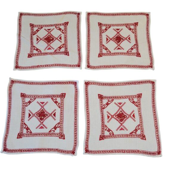Vintage Red Embroidered Linen Table Runner, Placemats, Napkins & Coasters Set - Picture 12 of 16